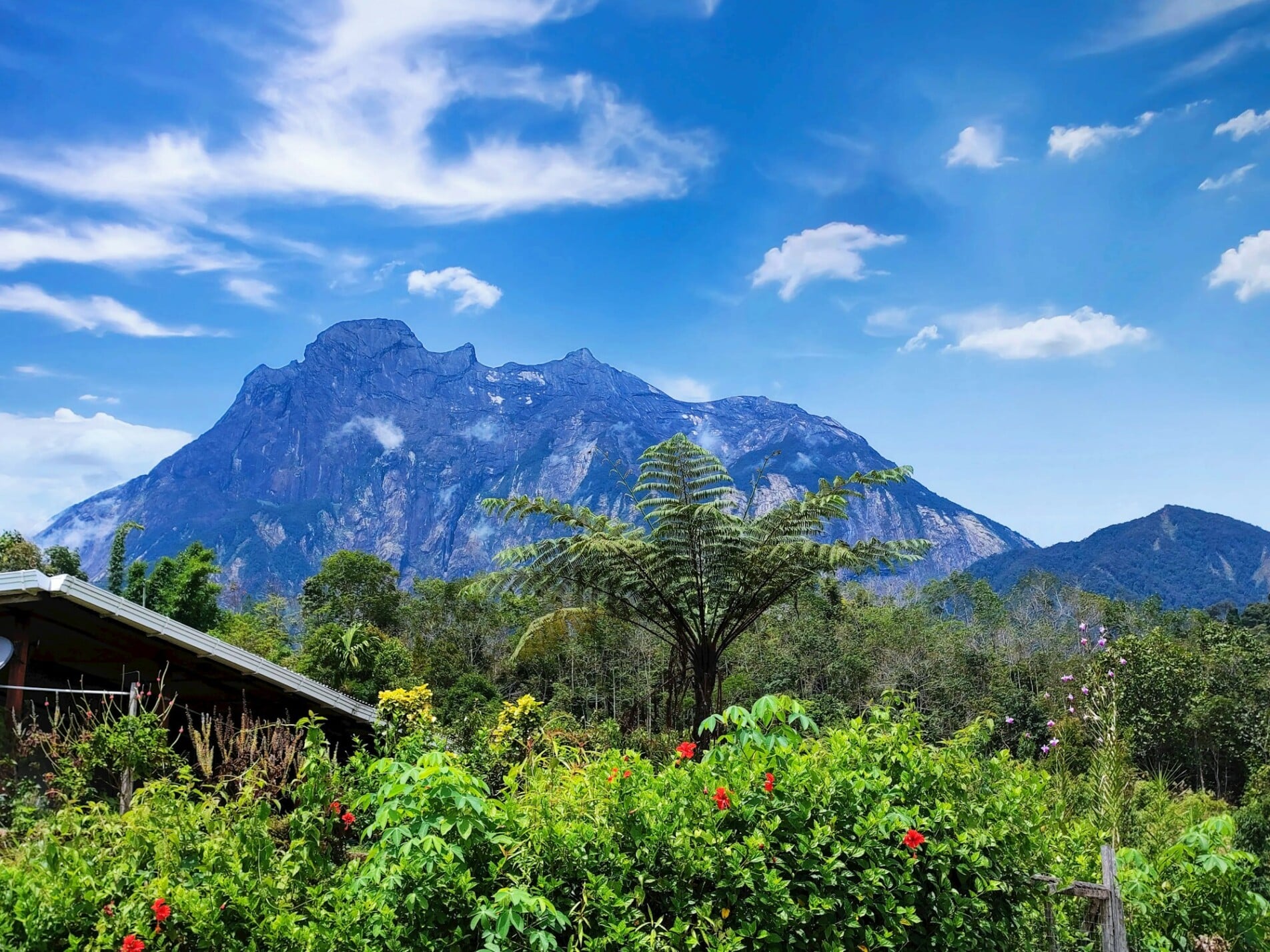 a view of a mountain range with a house in the foreground